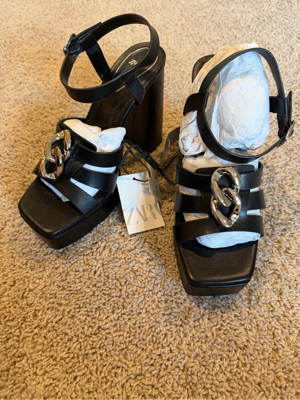 Zara Black Block Heel Sandals with Silver Chain